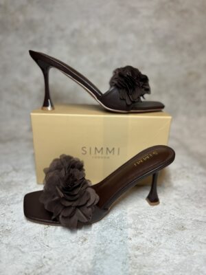 Simmi London Brązowe Sandałki Mule na Szpilce z Kwiatami